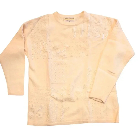 MARISA CHRISTINA Classics Cream Lambswool Angora pearls embroidery sweater XL - Picture 1 of 13